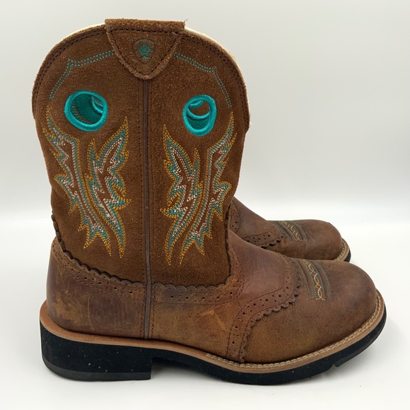 Ariat Brown Suede Turquoise Stitch Western Cowboy Boots Women US 10B - Picture 3 of 8